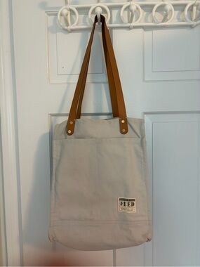 FEED Canvas Tote Bag with Brown Straps - Beige